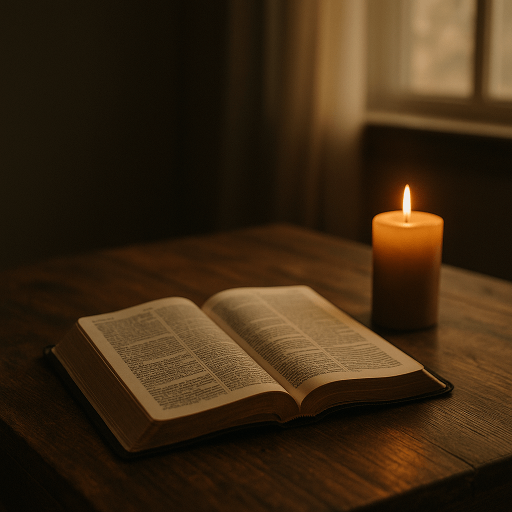 Otwarta Biblia na drewnianym stole obok zapalonej świecy – rozważania z Pisma Świętego.