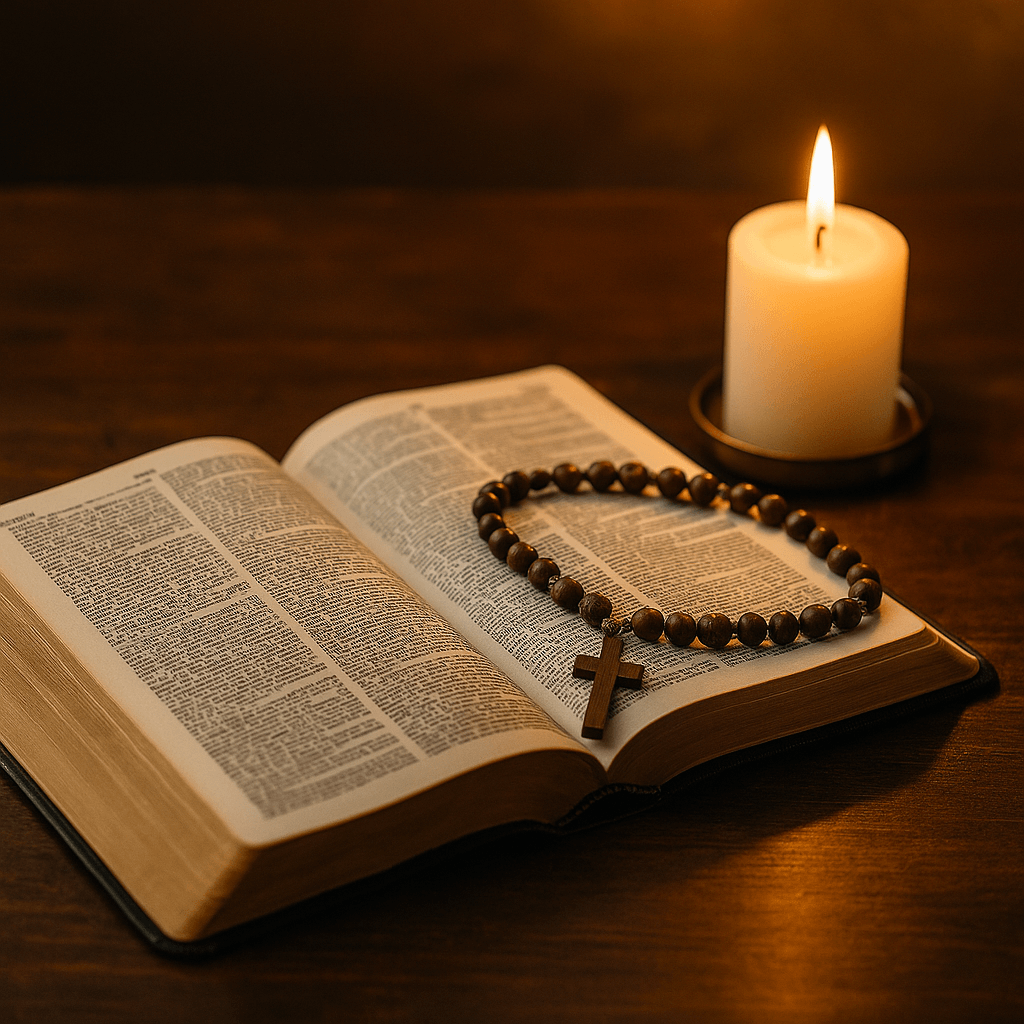 Otwarta Biblia z zaznaczonym fragmentem i światłem padającym na strony – symbol treści religijnych.